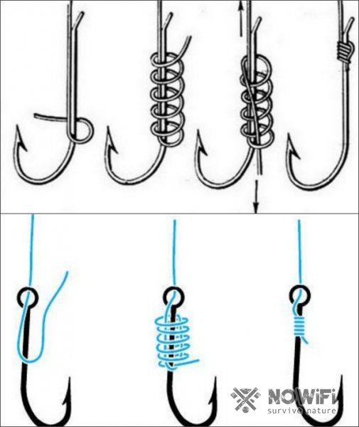 Как привязать рыболовный крючок к леске простой способ схема и описание